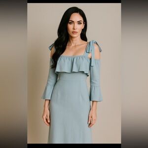 Ganni Clark Midi Shift Dress Size 36/M Sterling Blue Cold Shoulder Ruffled Neck